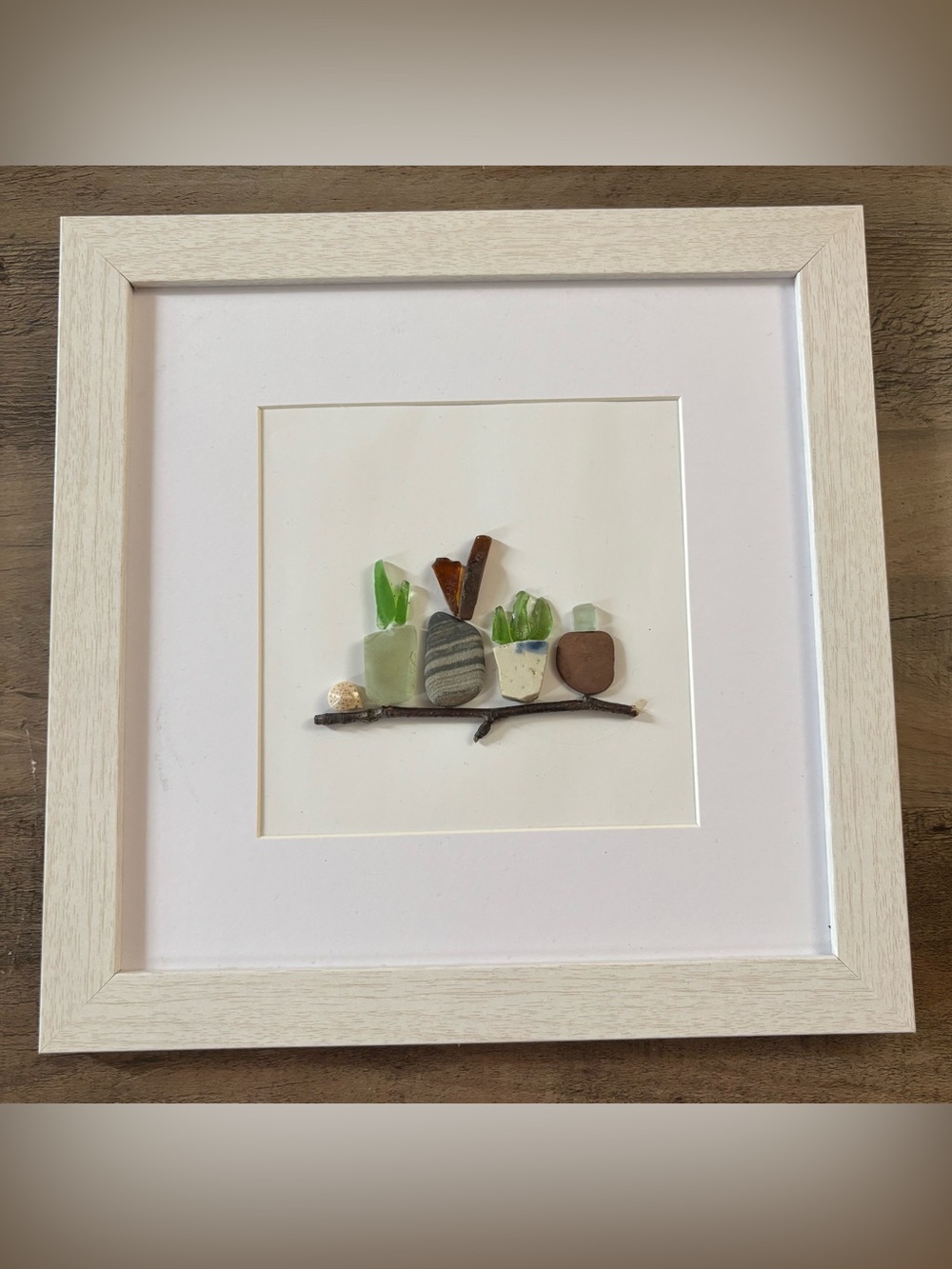Handmade Decor 3D Framed 10”x10” artwork with beach glass, rocks, and findings